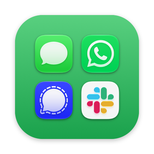 Messengers stack icon: previews of Messages, WhatsApp, Signal and Slack on a green tile