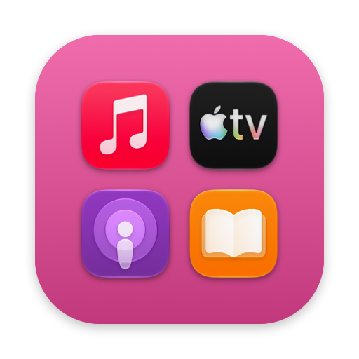 Fun stack icon: previews of Music, TV, Podcasts and Books on a pink tile